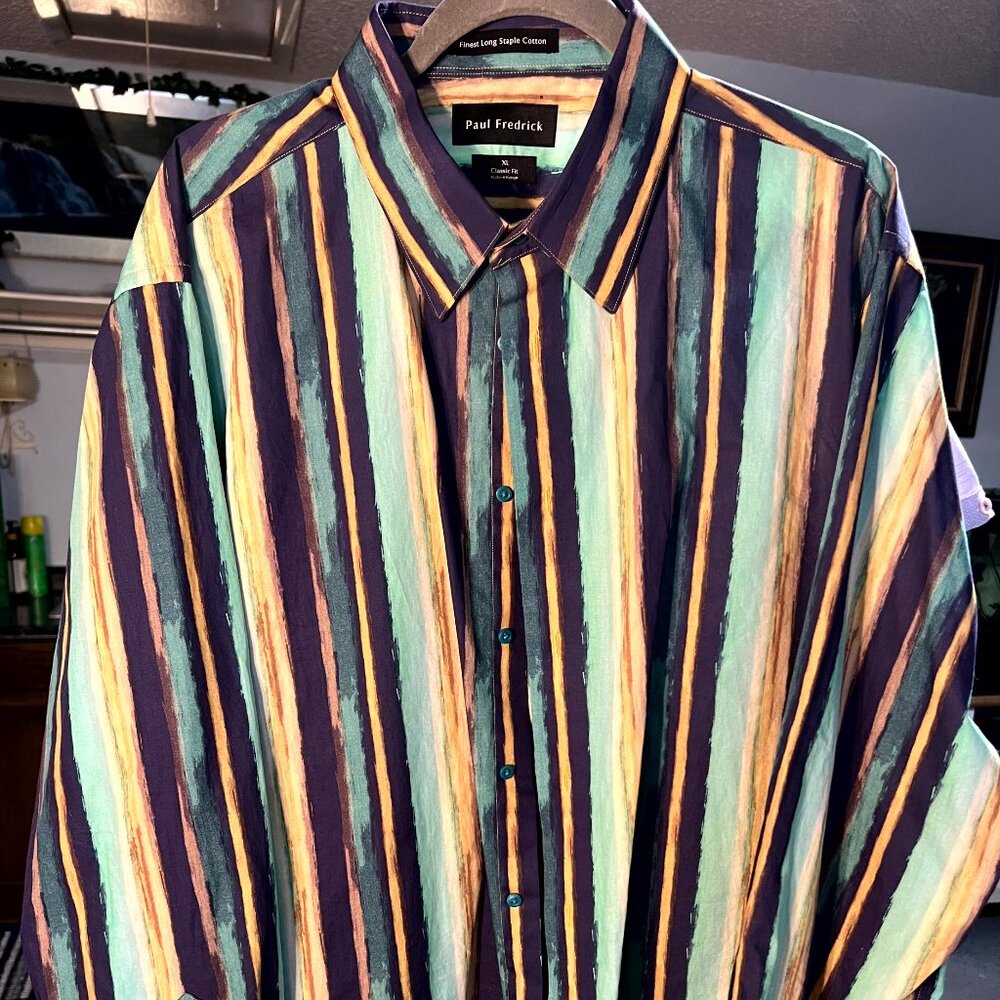 Paul Fredrick Classic Fit Brushstroke Stripes Long-Sleeve Button-Up SZ XL